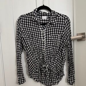 Black & White Gingham Tie-Front Button-Up Shirt